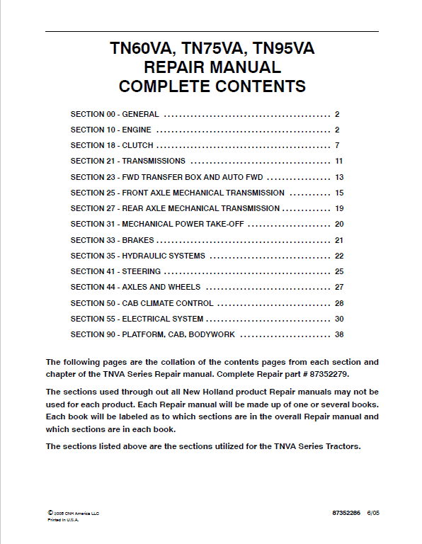 New Holland TN60VA, TN75VA, TN95VA Tractor Service Manual Workshop Guide