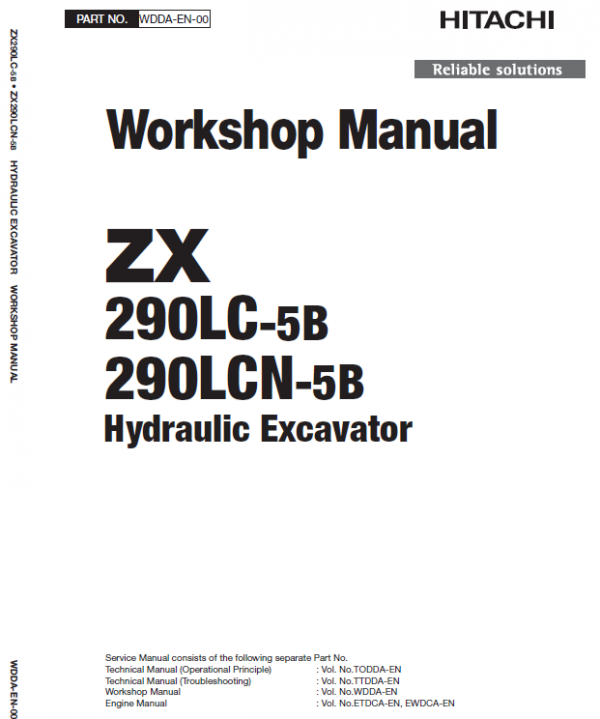 Hitachi ZX290LC-5B and ZX290LCN-5B ZAXIS Excavator Repair Manual Workshop Guide