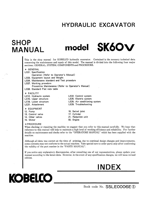 Kobelco SK60V Excavator Service Manual Workshop Guide