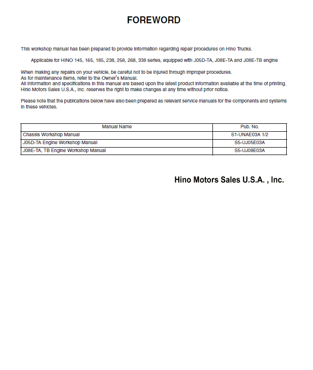 Hino 145, 165, 185, 238, 268, 308, 338 Series Year 2007 Repair Manual Workshop Guide
