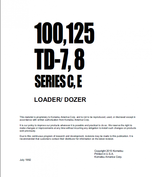 Komatsu Dresser 100C, 100E ,125C and 125E Dozer Service Manual Workshop Guide
