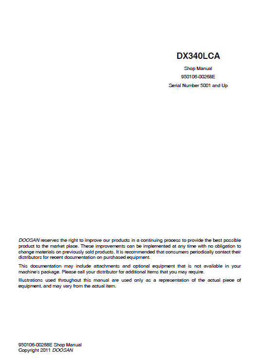 Doosan DX340LCA Excavator Service Manual Workshop Guide