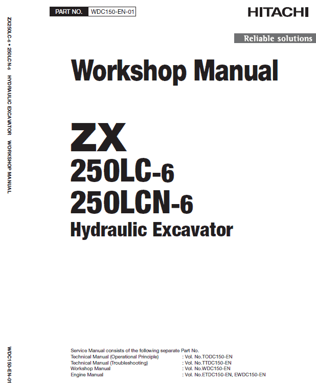 Hitachi ZX250LC-6 and ZX250LCN-6 ZAXIS Excavator Repair Manual Workshop Guide
