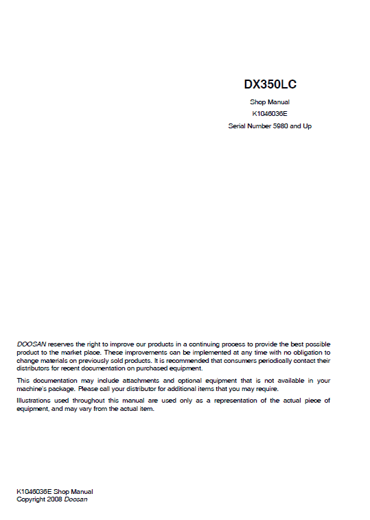 Doosan DX350LC Excavator Service Manual Workshop Guide