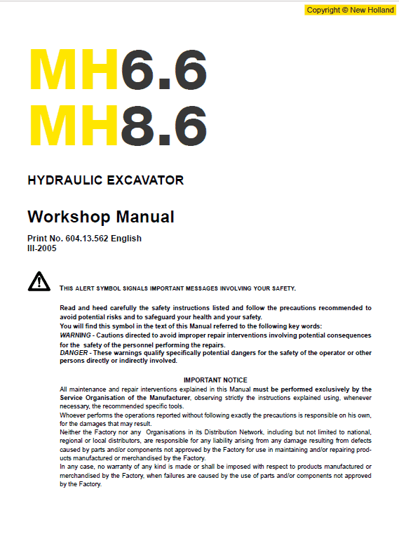 New Holland MH6.6 and MH8.6 Excavator Manual Workshop Guide