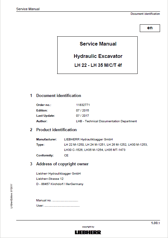 Liebherr LH22C, LH22M, LH24, LH26M, LH30C, LH30M, LH35M, LH35T Excavator Manual