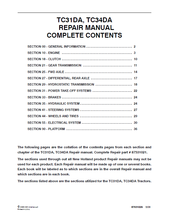 New Holland TC31DA, TC34DA Tractor Service Manual Workshop Guide