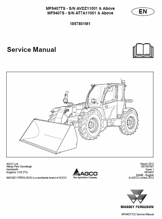 Massey Ferguson MF 9407TS, 9407S Telescopic Handler Service Manual Workshop Guide