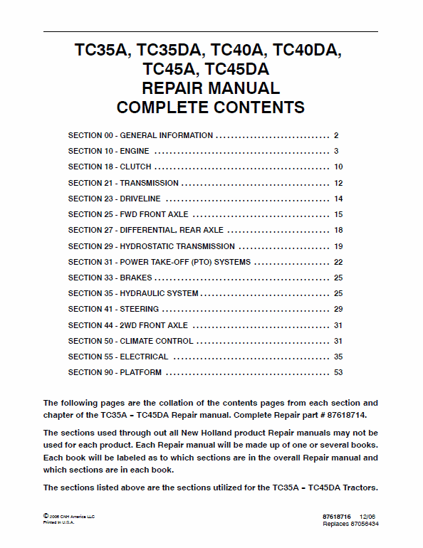 New Holland TC35A, TC35DA, TC40A Tractor Service Manual Workshop Guide