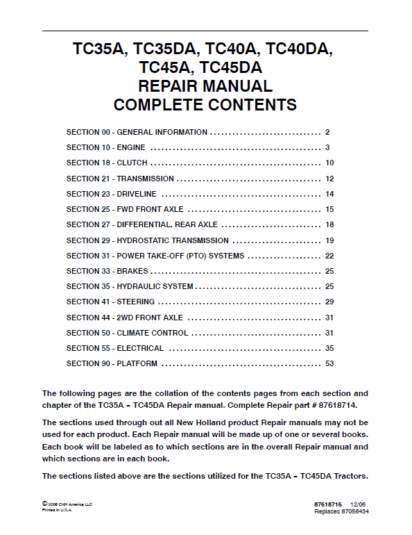 New Holland TC40DA, TC45A, TC45DA Tractor Service Manual Workshop Guide