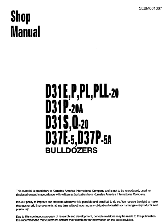 Komatsu D31P-20A, D31S-20, D31Q-20, D37E-5, D37P-5A Dozer Manual Workshop Guide