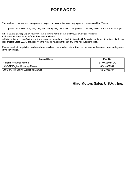 Hino 145, 165, 185, 238, 258LP, 268, 308, 338 Series Year 2008 Repair Manual Workshop Guide