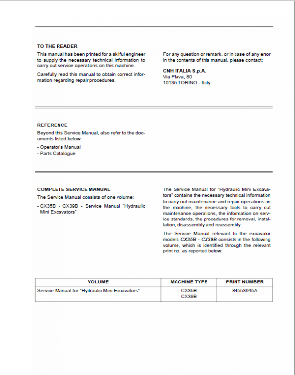 Case CX35B, CX39B Mini Excavator Service Manual Workshop Guide