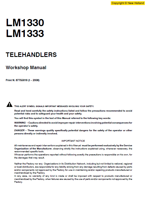 New Holland LM1330 and LM1333 Telehandlers Service Manual Workshop Guide