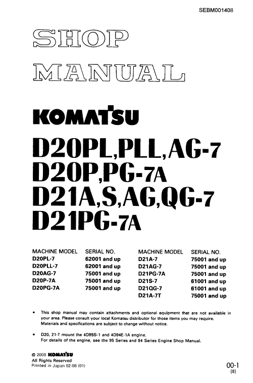 Komatsu D20PL-7, D20PLL-7, D20AG-7, D20P-7, D20PG-7A Dozer Manual Workshop Guide