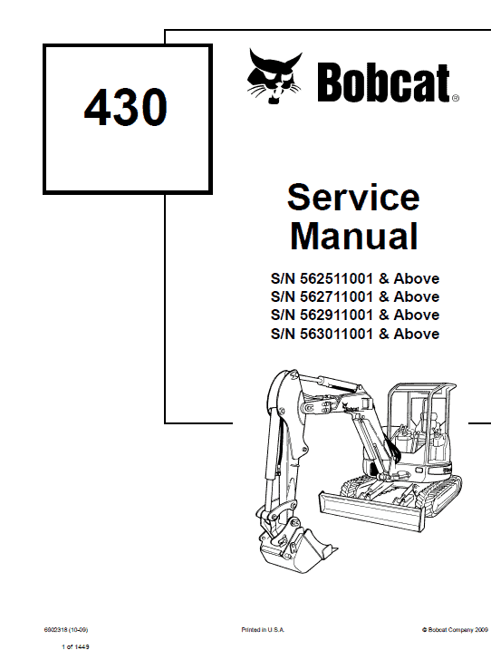 Bobcat 430 Compact Excavator Service Manual Workshop Guide