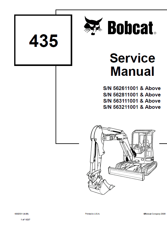 Bobcat 435 Compact Excavator Repair Service Manual Workshop Guide