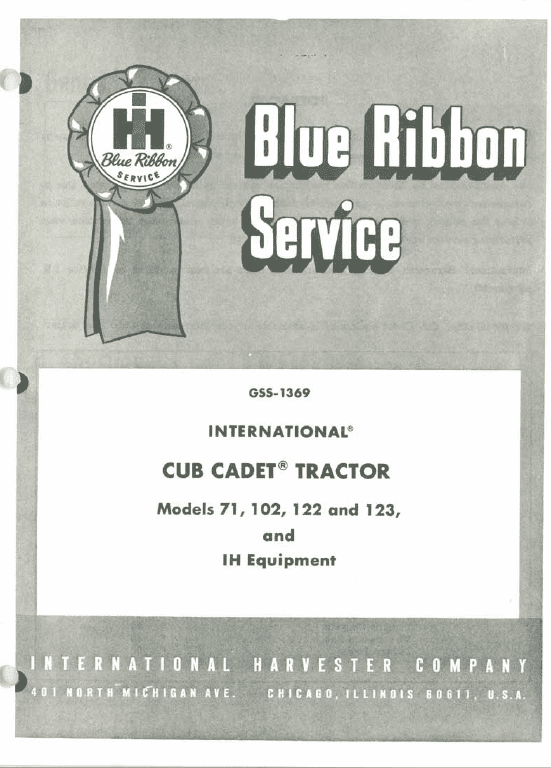 Cub Cadet 71, 102, 122 and 123 Tractor Service Manual Workshop Guide