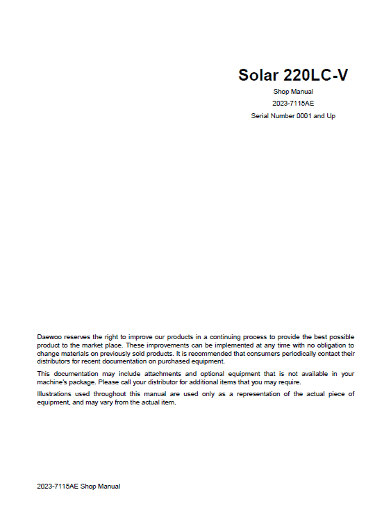 Daewoo Solar S220LC-V Excavator Service Manual Workshop Guide