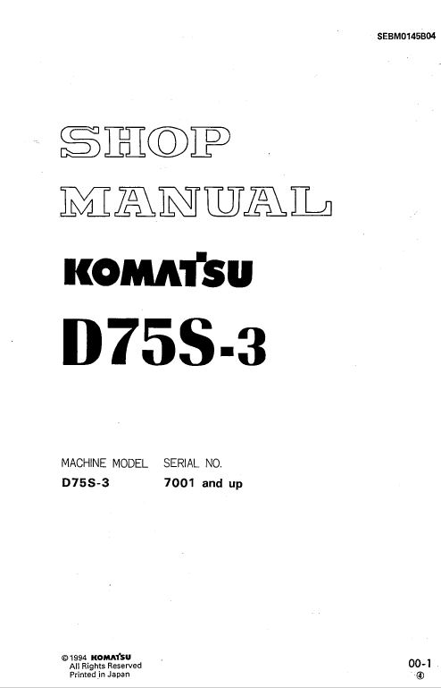 Komatsu D75S-3 Dozer Service Manual Workshop Guide