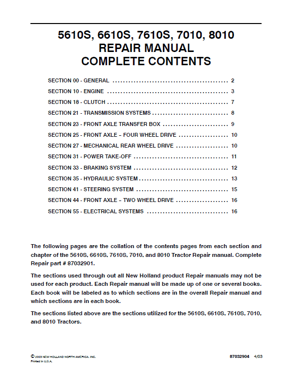 New Holland 5610S, 6610S, 7610S, 7010 Tractor Service Manual Workshop Guide