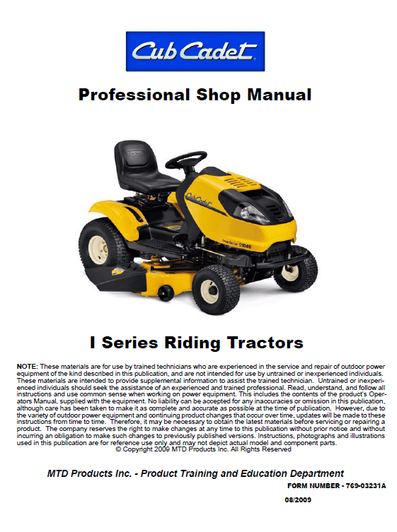 Cub Cadet I Series Riding Tractors Service Manual Workshop Guide