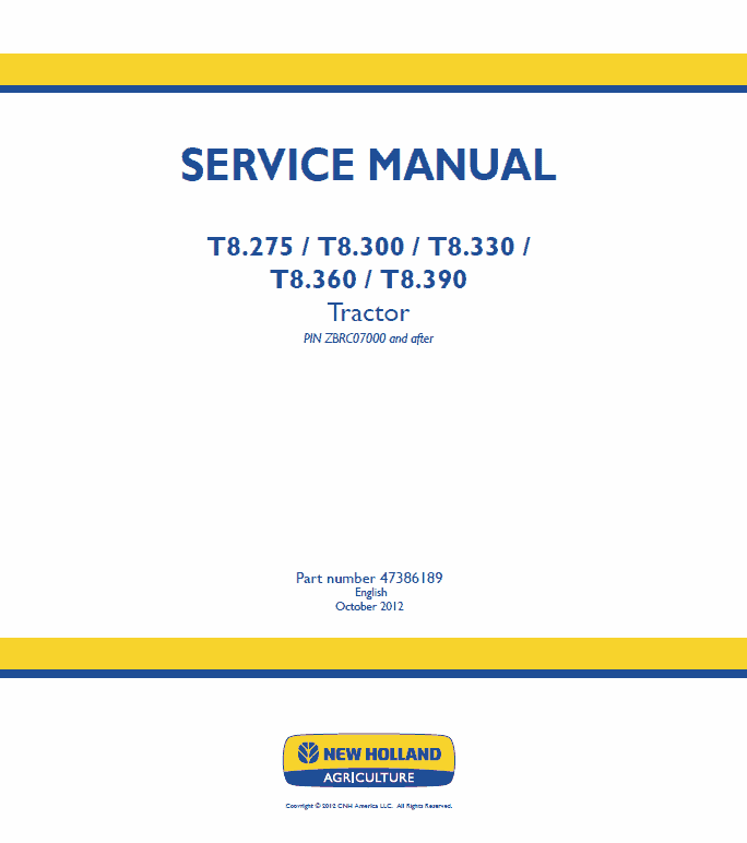 New Holland T8.275, T8.300, T8.330, T8.360, T8.390, T8.420 Tractor Service Manual Workshop Guide