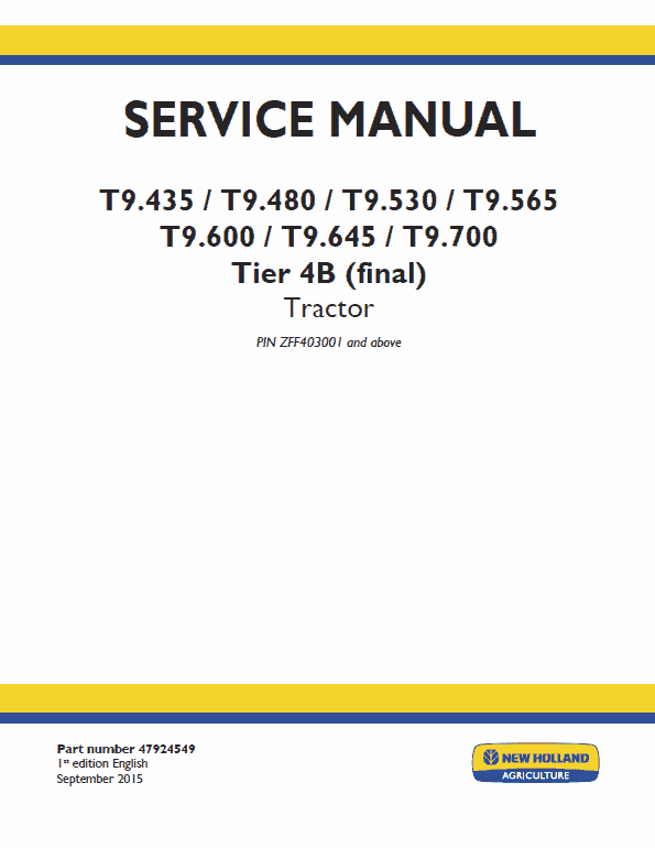 New Holland T9.435, T9.480, T9.530, T9.565 Tractor Service Manual Workshop Guide