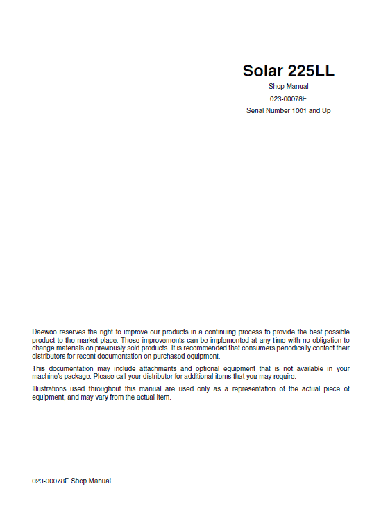Daewoo Solar S225LL Excavator Service Manual Workshop Guide