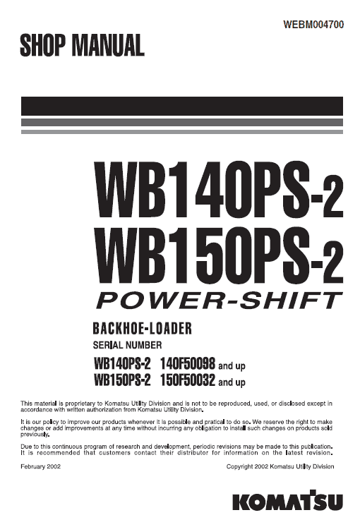 Komatsu WB140PS-2 and WB150PS-2 Backhoe Loader Service Manual Workshop Guide