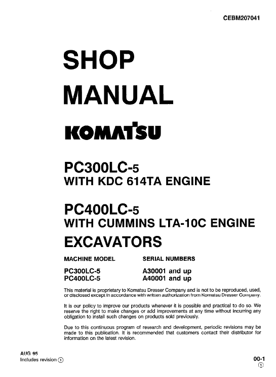 Komatsu PC300-5, PC300LC-5, PC300HD-5 Excavator Service Manual Workshop Guide