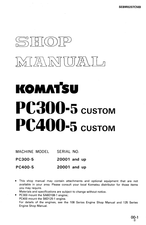 Komatsu PC400-5, PC400LC-5, PC400HD-5 Excavator Service Manual Workshop Guide