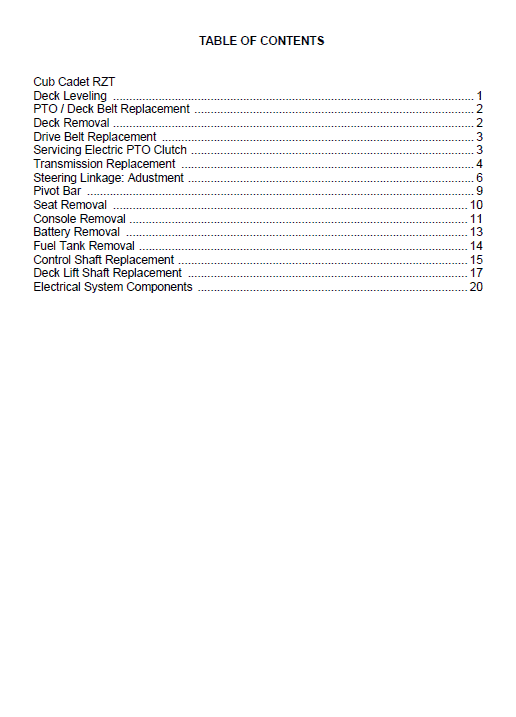 Cub Cadet RZT Series (2004-2005) Service Manual Workshop Guide