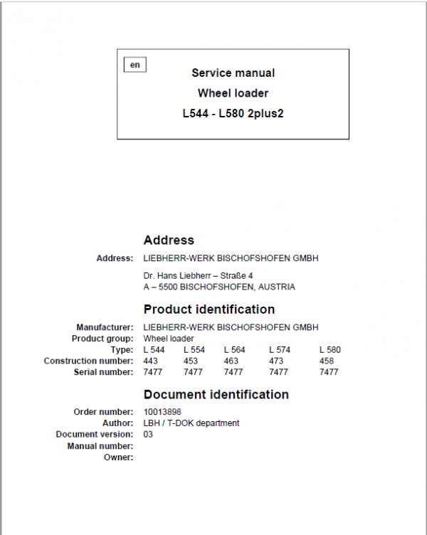 Liebherr L564, L574, L580 2plus2 Wheel Loader Service Manual