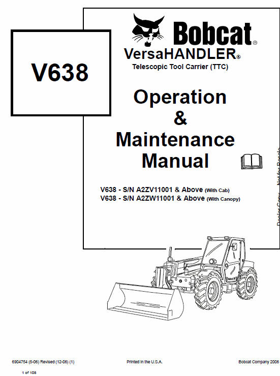 Bobcat V638 VersaHANDLER Telescopic Service Manual Workshop Guide
