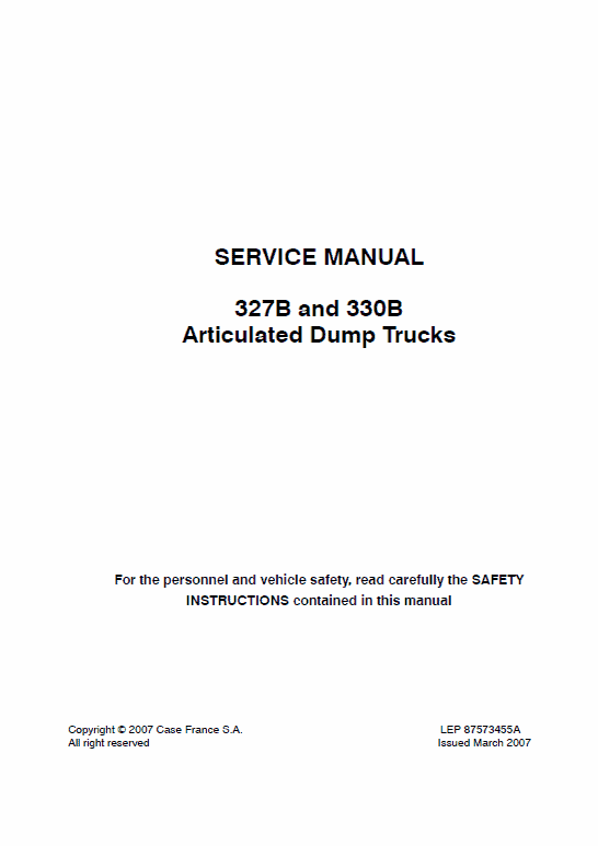 Case 327B, 330B Articulated Trucks Service Manual Workshop Guide