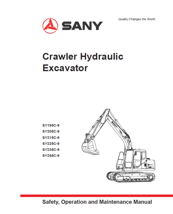 Sany SY195C-9, SY205C-9, SY215C-9, SY225C-9 Hydraulic Excavator Repair Service Manual