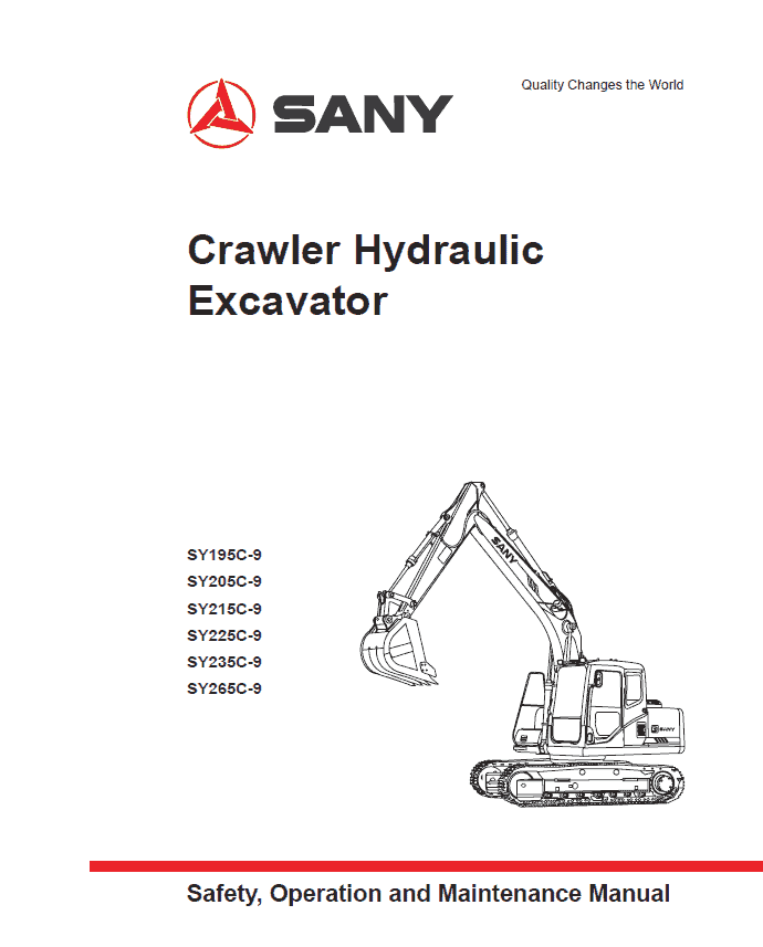 Sany SY195C-9, SY205C-9, SY215C-9, SY225C-9 Hydraulic Excavator Repair Service Manual
