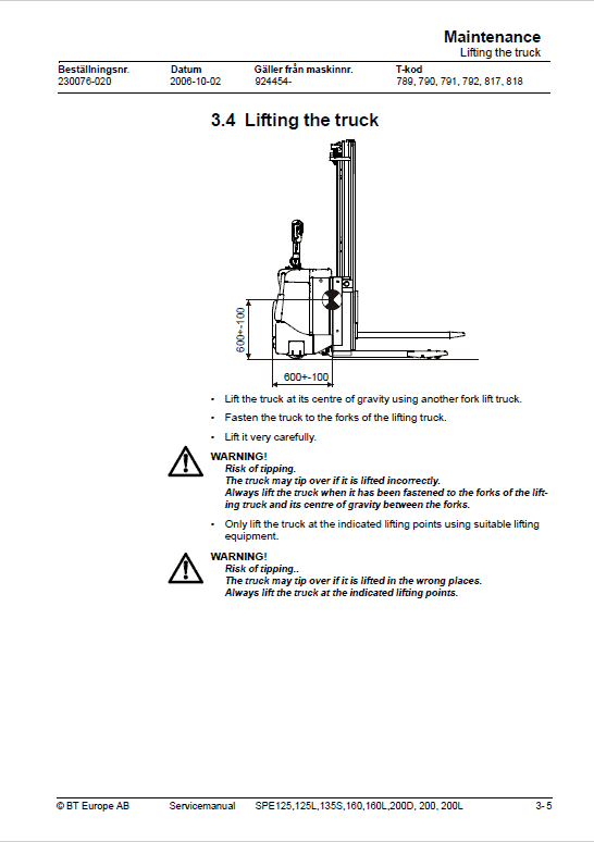 BT SPE125, SPE125L, SPE135S, SPE160, SPE200, SPE200L Pallet Truck Manual
