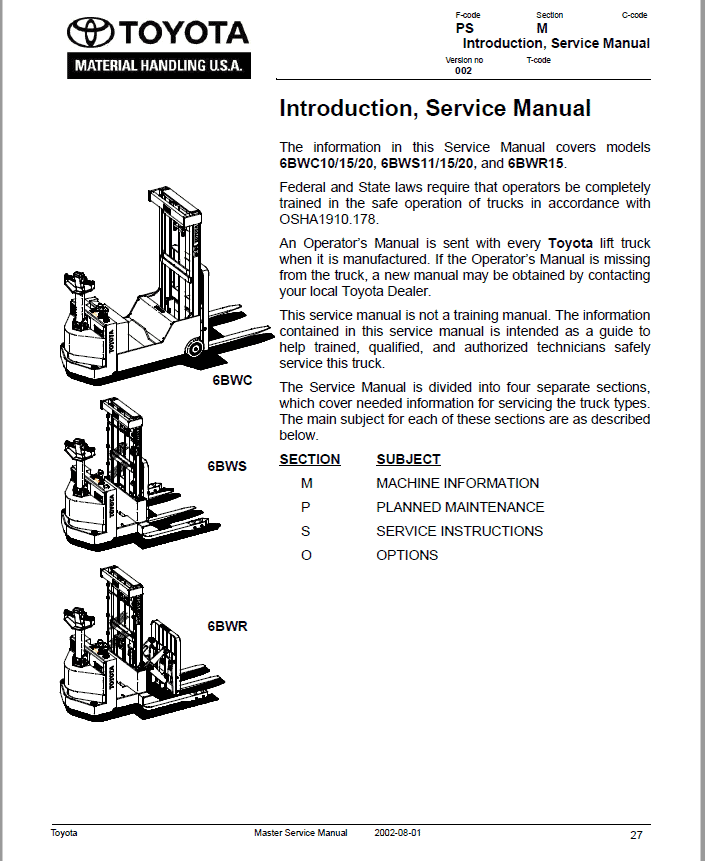 Toyota 6BWC10, 6BWC15, 6BWC20, 6BWS11, 6BWS15, 6BWS20, 6BWR15 Repair Manual Workshop Guide