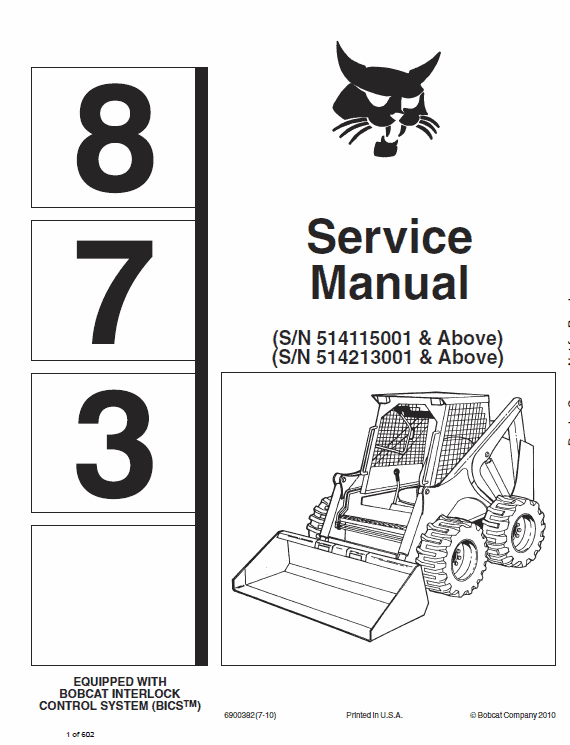 Bobcat 873 Skid-Steer Loader Service Manual Workshop Guide