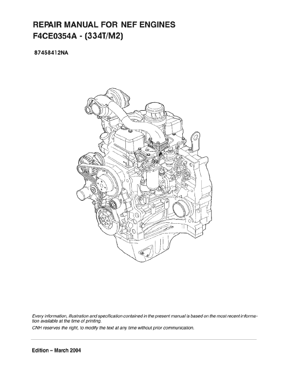 New Holland F4CE0354A 334T M2 Engine Service Manual Workshop Guide