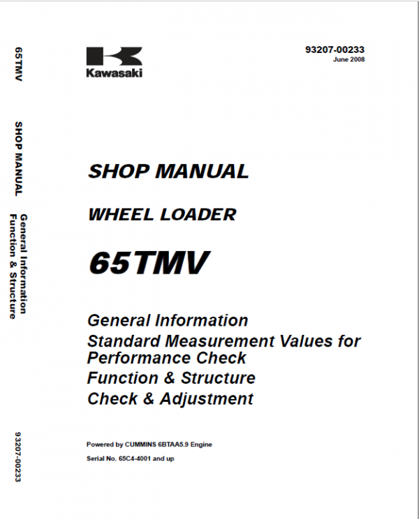 Kawasaki 65ZV, 65TMV Wheel Loader Repair Service Manual