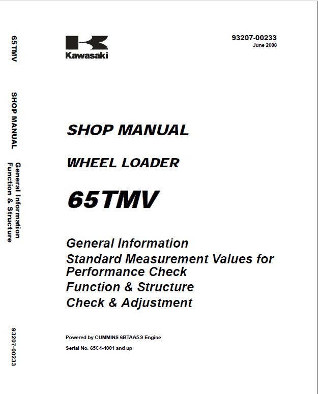 Kawasaki 65ZV, 65TMV Wheel Loader Repair Service Manual