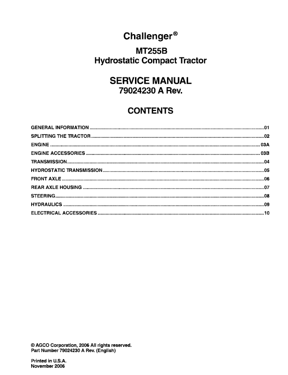 Challenger MT225B Tractor Service Manual Workshop Guide