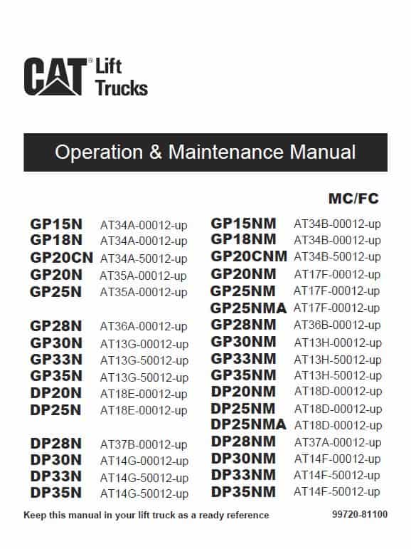 CAT DP15N, DP18N, DP20CN, DP20N Forklift Lift Truck Service Manual