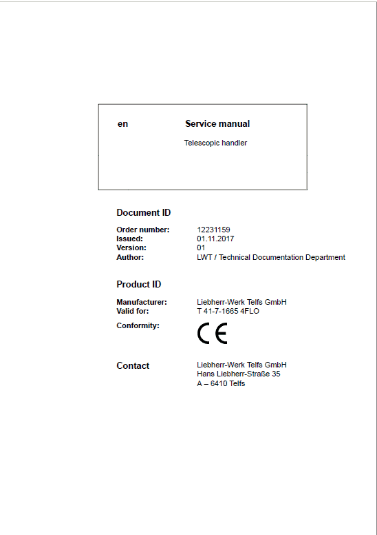 Liebherr T41-7 Telescopic Handler Service Manual