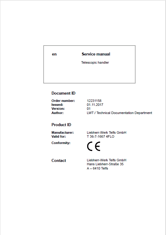 Liebherr T36-7 Telescopic Handler Service Manual