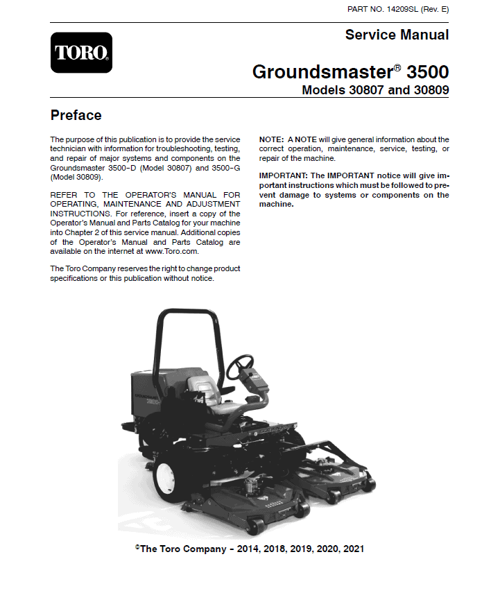 Toro Groundsmaster 3500-D, 3500-G (Model 30807, 30809) Service Repair Manual Workshop Guide