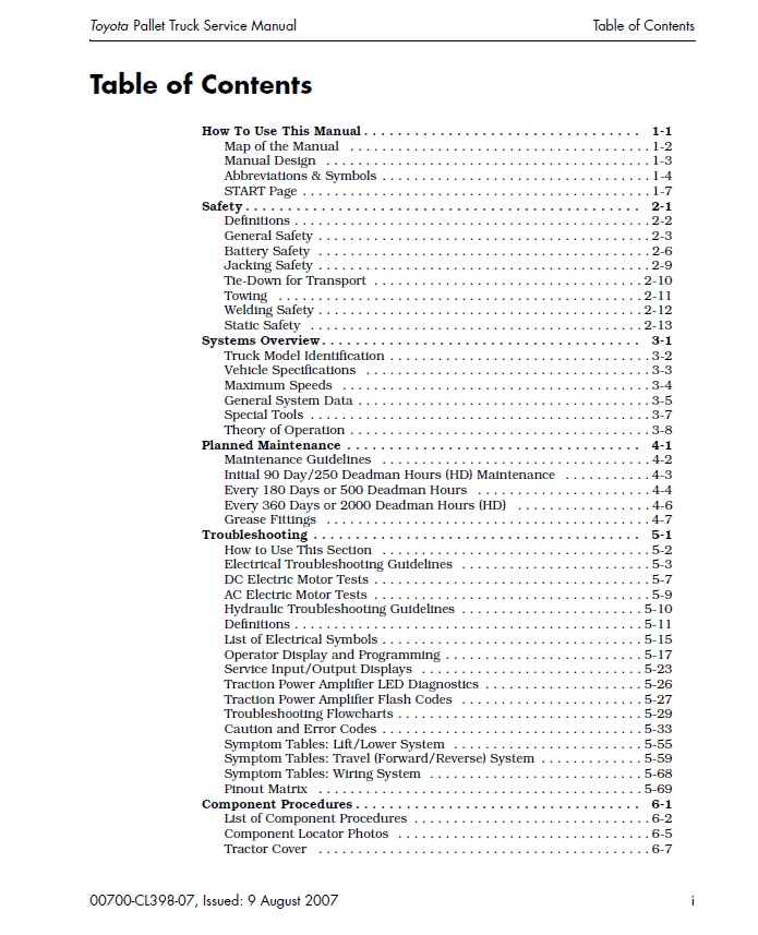 Toyota 8HBW30, 8HBE30, 8HBC30, 8HBE40, 8HBC40, 8TB50 Pallet Trucks Repair Manual Workshop Guide